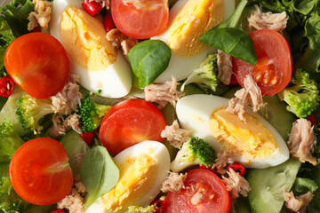Salad with tuna, close-up, side view.