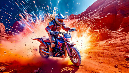 Astronaut in armored, robotic spacesuit in action on a motorcycle on planet. Starship troopers, space exploration, space science, explosion, unfriendly, space war, robot. Motorcyclist on motocross