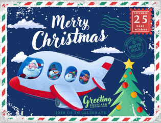 christmas greeting card with characters christmas santa claus pilot airplane penguin elf snowman