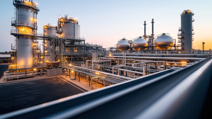 Obraz premium Industrial view of a modern petrochemical plant with large storage tanks, pipelines, and chimneys at sunset, highlighting infrastructure and equipment in an oil refinery.