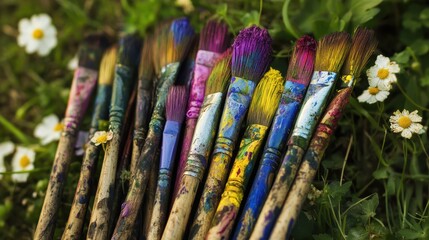 Fototapeta premium A Collection of Colorful Paintbrushes on Grass