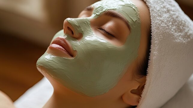 Natural faces with clean masks highlight the beauty of skincare. A flawless young woman enjoys a facial mask application, enhancing her skins moisture during a spa treatment, with ample copy space.