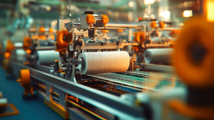 Fototapeta premium Detailed view of textile machinery in operation, showcasing yarn production in a well-lit factory setting during the day