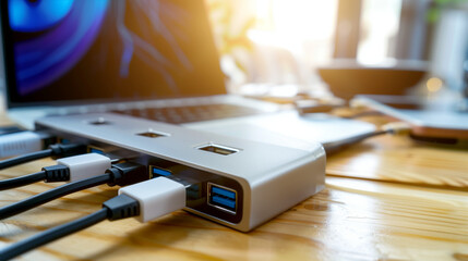 Sleek USB hub with multiple ports connected to various devices, showcasing modern design and functionality in a tech-focused setup. 