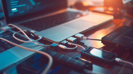 Sleek USB hub with multiple ports connected to various devices, showcasing modern design and functionality in a tech-focused setup. 