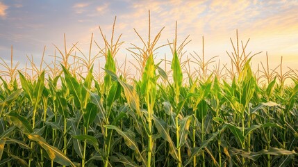 Obraz premium Vibrant cornfield under a golden sunset, showcasing healthy plants swaying gently in the breeze, representing agriculture and nature's beauty.