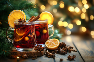 Christmas and Thanksgiving themed cocktails like mulled wine with a mix of orange apple rosemary cinnamon and spices. Festive background