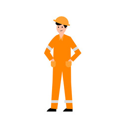 A worker, a man in an orange work uniform. Vector simple color flat illustration.
