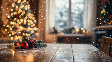 Cozy winter evening with a candle and festive decorations near a Christmas tree glowing in a softly lit room