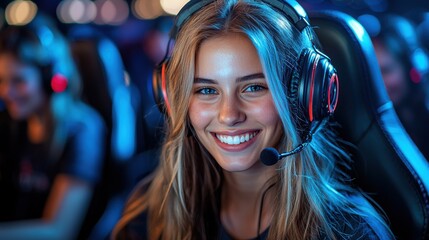 Close-up of a cheerful female gamer wearing a headset during an esports tournament, showcasing the excitement of competitive gaming.