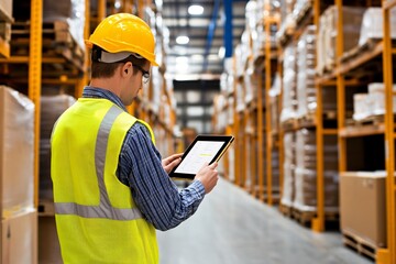 A warehouse worker in a hard hat checks inventory on a tablet, surrounded by neatly stacked boxes and shelves.