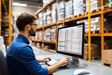 A man analyzes data on a computer inside a warehouse, surrounded by shelves stocked with cardboard boxes.