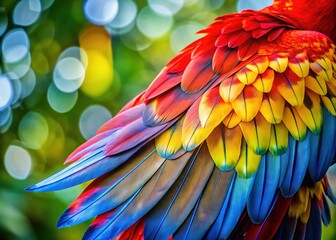 Obraz premium Explore the stunning texture of a vibrant red macaw wing, highlighting nature's exquisite beauty through exquisite feather patterns and vivid, captivating colors.