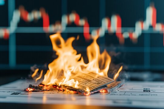 A burning book on financial charts symbolizes the destruction of knowledge or investments, amidst dramatic price fluctuations.