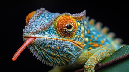 Fototapeta premium A vibrant chameleon with striking colors and a protruding tongue.
