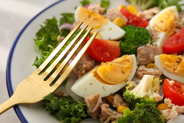 Salad with tuna, close-up, side view.