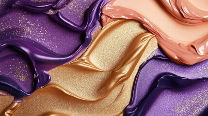 A vibrant mix of metallic and matte cosmetic textures in rich purple, gold, and peach tones, forming an abstract, high-end makeup product backdrop.