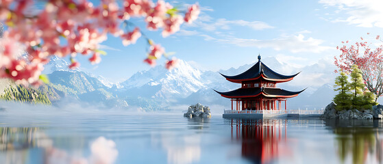 Obraz premium Tranquil chinese pavilion reflected in serene waters surrounded by blossoming nature and majestic mountains