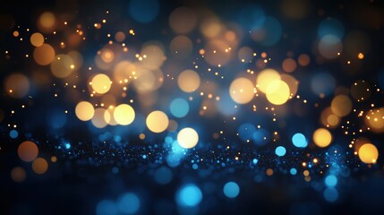 A vibrant bokeh lighting effect with cool blue and warm golden lights glowing softly against a dark background. The abstract lights create a gentle, festive ambiance with a touch of elegance.