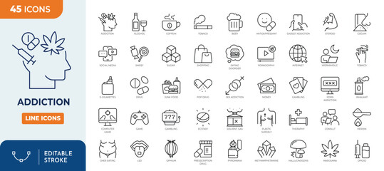 Addiction icon set. Containing tobacco, alcohol, cannabis, gambling, cocaine, drug and more. Outline Icon Collection. Vector illustration. Editable stroke	