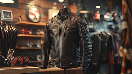 Motorclothes collection includes a stylish biker leather jacket displayed in a retail shop, emphasizing the craftsmanship and design. The biker leather jacket is perfect for riders.