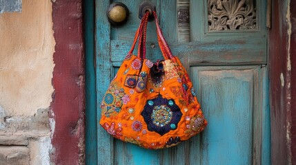 Colorful Bag Hanging on Rustic Door