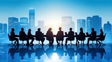 Business meeting silhouette against city skyline.