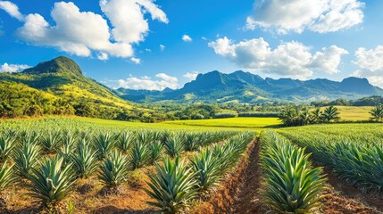 Vibrant pineapple ranch landscape with a lush green sugarcane plantation in the background, under a blue sky, complemented by majestic green mountains, with ample copy space.