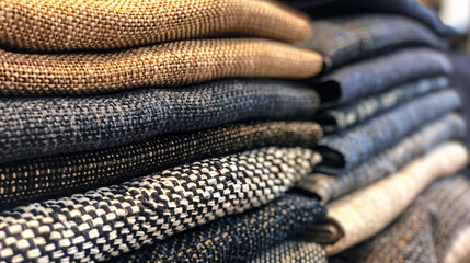 Close-up of neatly stacked woven fabrics in various textures and neutral tones, showcasing craftsmanship and natural fiber aesthetics for design or fashion