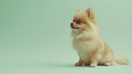 A cute Pomeranian dog sitting gracefully against a soft backdrop.