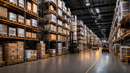 Large warehouse interior with high shelves stacked with boxes, pallets, and goods. Forklifts are actively moving, organizing the inventory within the industrial storage facility.