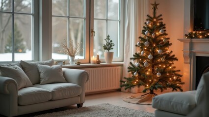 Obraz premium Cozy winter living room with a beautifully decorated Christmas tree and soft lighting creating a warm holiday atmosphere