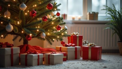 A cozy living room adorned with a Christmas tree, colorful ornaments, and beautifully wrapped presents on a winter evening