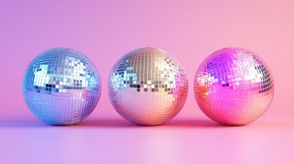 Three shimmering disco balls reflecting vibrant colors, perfect for dance parties and festive celebrations.