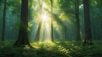 Obraz premium Dense green forest with rays of sunlight streaming through the tree canopy, casting a magical glow on the forest floor --ar 3:2 --v 4