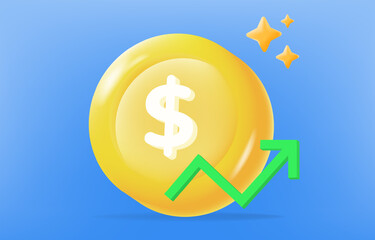 3D Bright coin with dollar symbol and upward green arrow, financial growth, investment success, and profit increase for finance and business visuals, vector illustration