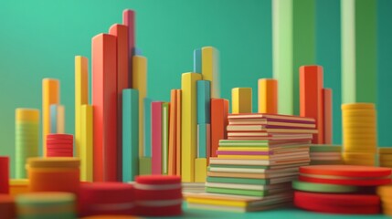 Obraz premium Colorful abstract shapes and stacked geometric forms against a teal background.