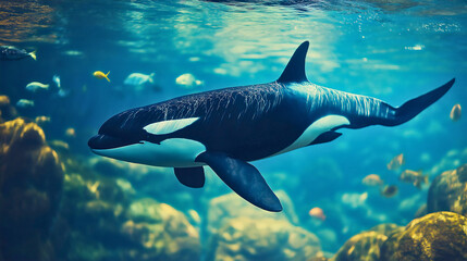 Fototapeta premium Orca whale exploring underwater ocean wildlife with aquatic marine animals in natural sea environment, capturing nature’s wild side and adventure in cold arctic waters, showcasing biodiversity