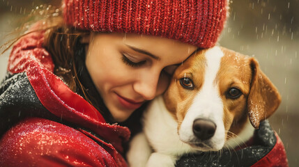 Happy woman hugging her dog in the rain at the park, celebrating their pet and owner friendship and love during an autumn day, enjoying the outdoors together, joy and happiness of lifestyle