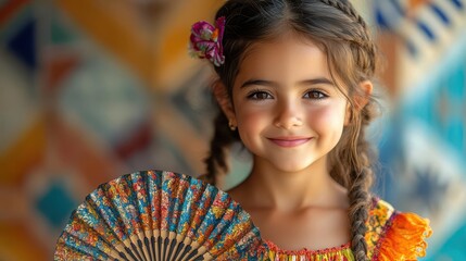 adorable hispanic child grinning widely while holding a traditional fan, wearing a colorful flamenco dress, set against a vibrant backdrop of spanish-inspired tiles that celebrate culture and heritage