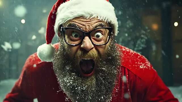 A Santa Claus with a beard covered in snow shouts loudly, his face full of anger