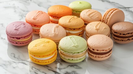 Fototapeta premium Assorted Macarons in Pastel Colors on Marble Display