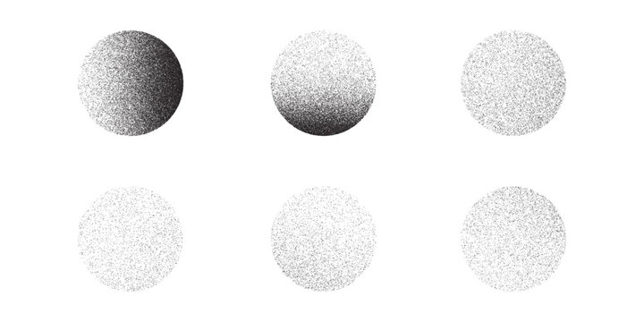 Grainy gradient circles set in stipple effect. Sand noise shapes background with grain dots. Abstract spheres, spray, black rounds, dotwork  texture on white background. Isolated vector illustration.
