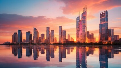 Fototapeta premium Vibrant Sunset Over a Modern City Skyline Reflected in Calm Waters Near a Bustling Urban Area