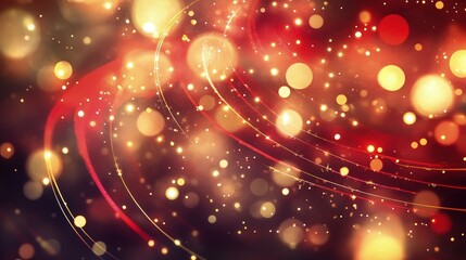 A glowing New Year background featuring bright red and gold bokeh lights, with abstract circular patterns. The lights appear soft and elegant.