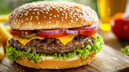 Juicy Burger with Fresh Toppings and Melted Cheese