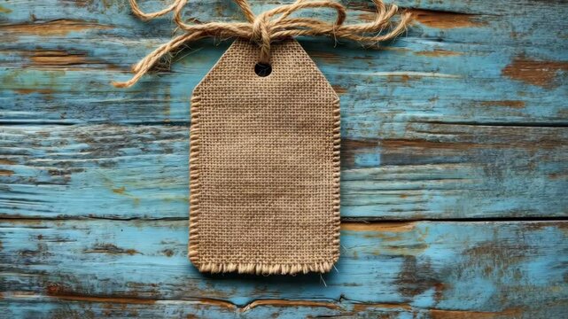 A rustic, burlap tag hangs from twine on a weathered blue wooden surface