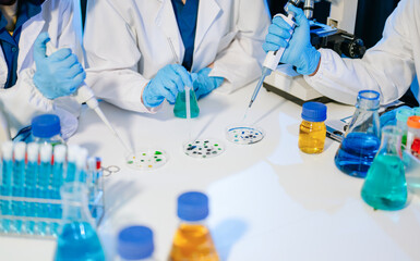 Fototapeta premium Scientist team with tablet and laptop, laboratory and ecofriendly science. Agriculture, research and scientists