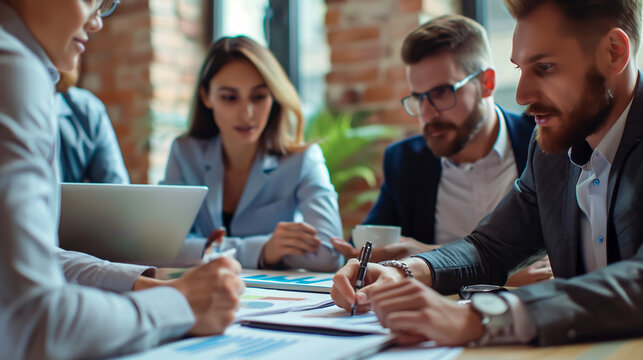 A business team meeting, working with gadgets and documents.