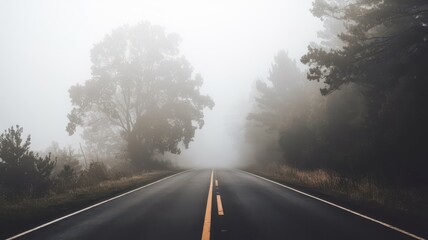 Fototapeta premium Fog on the road with nature isolated background view. Foggy road street with trees plants leaves. winter smog road with loneliness backgrond wallpaper